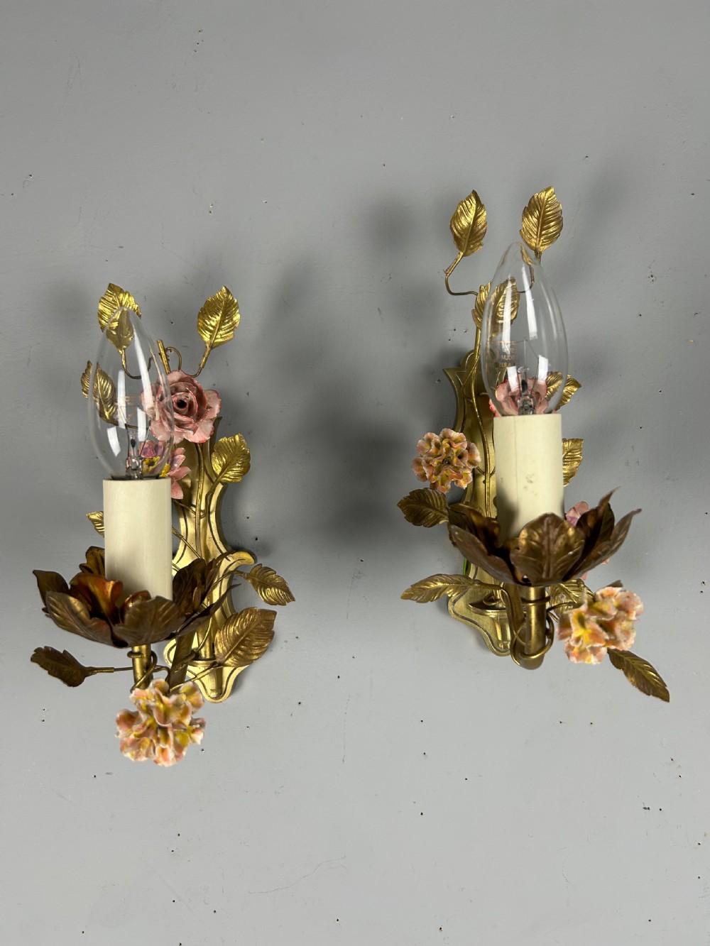 Pair of French Single Light Brass Wall Lights with Porcelain Flowers, Rewired View VI