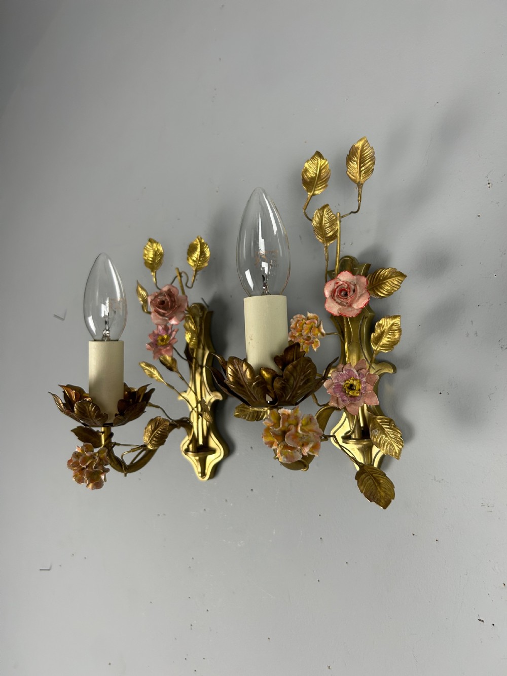 Pair of French Single Light Brass Wall Lights with Porcelain Flowers, Rewired View VII