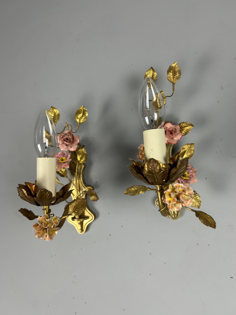 Pair of French Single Light Brass Wall Lights with Porcelain Flowers, Rewired View VIII