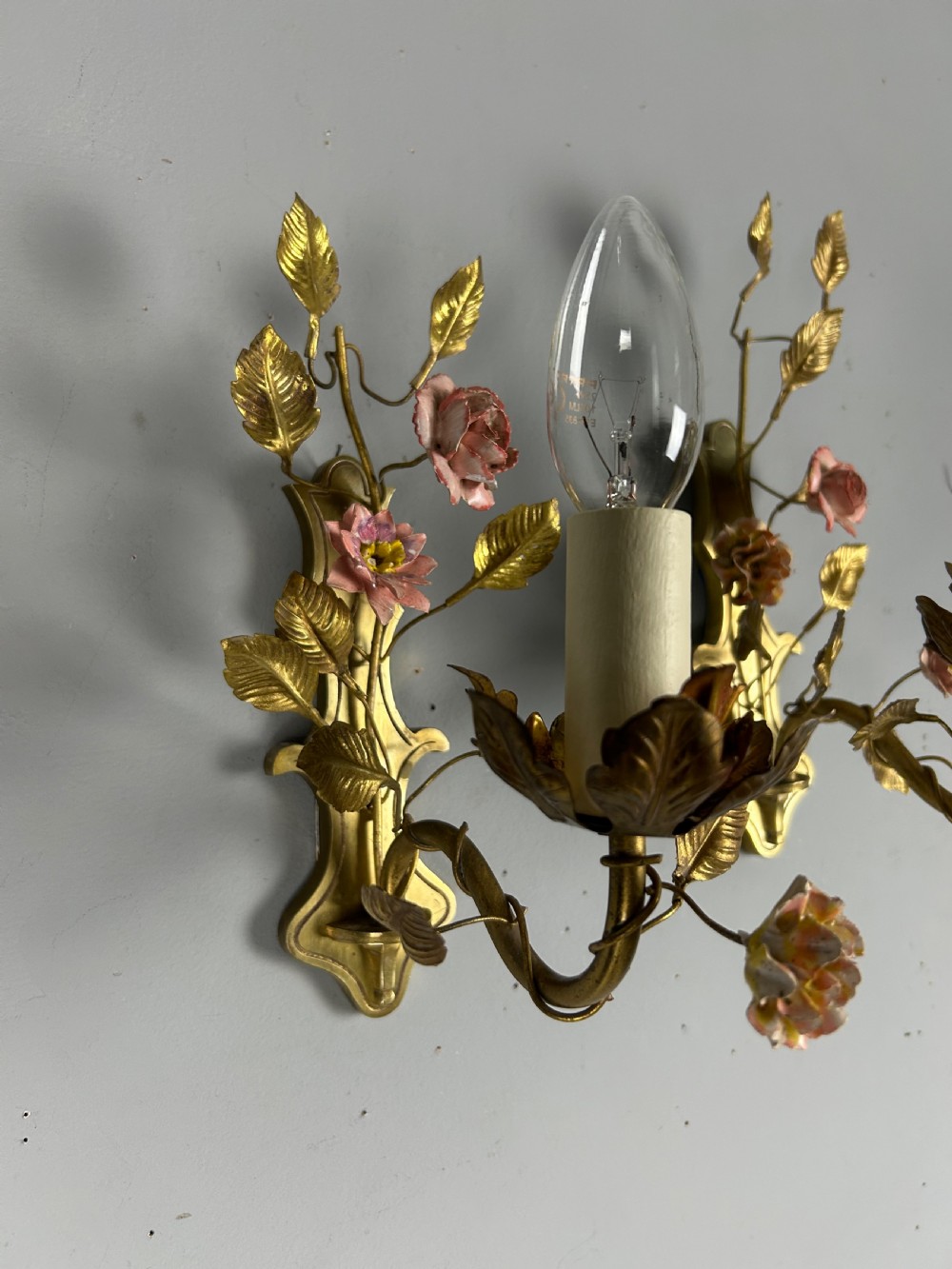 Pair of French Single Light Brass Wall Lights with Porcelain Flowers, Rewired View IX