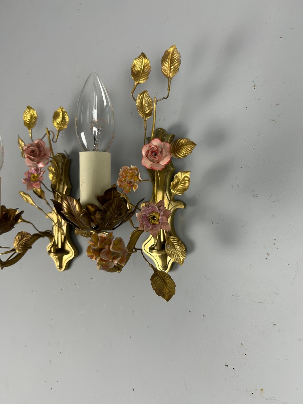 Pair of French Single Light Brass Wall Lights with Porcelain Flowers, Rewired View X