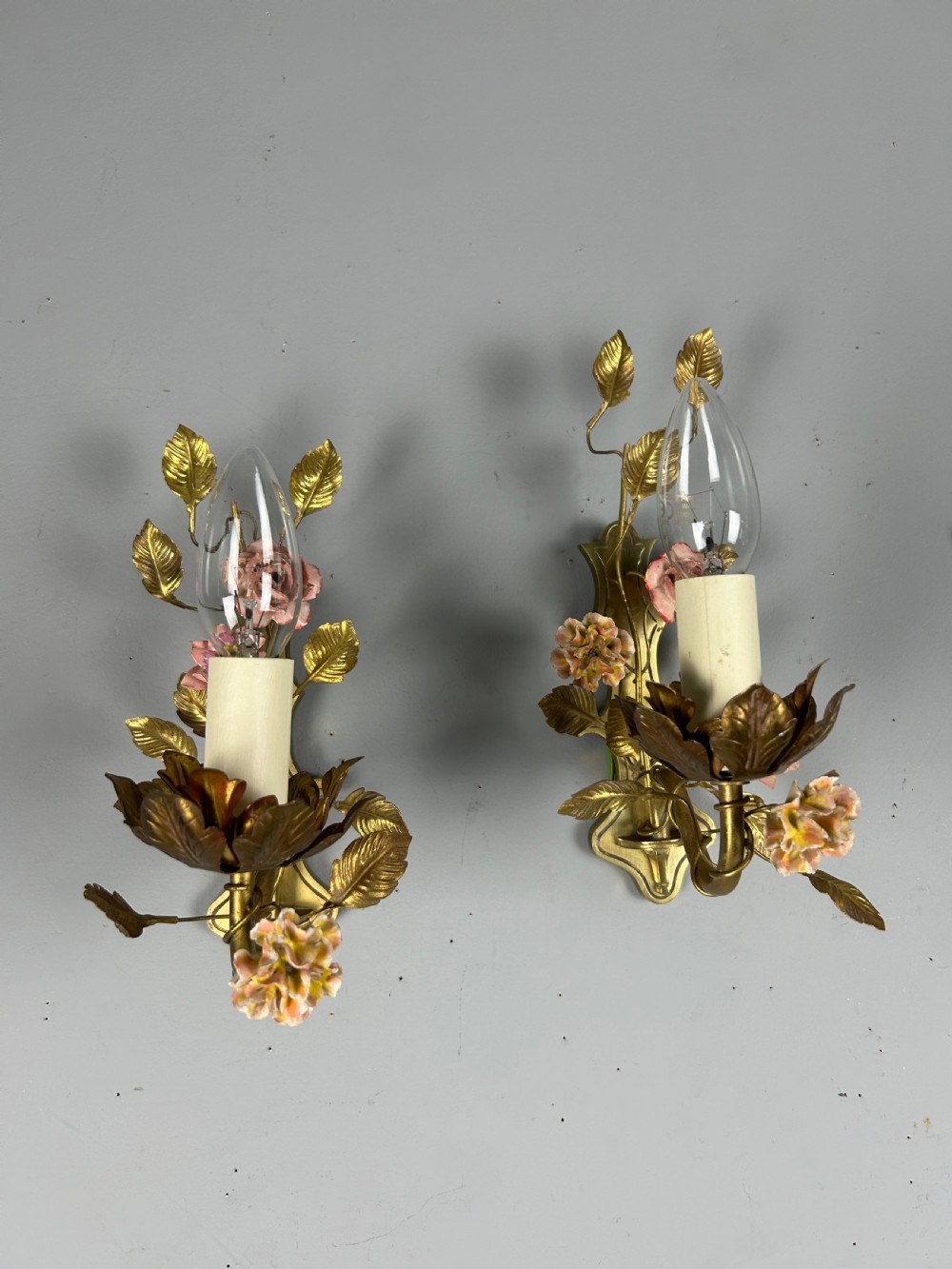 Pair of French Single Light Brass Wall Lights with Porcelain Flowers, Rewired View XI