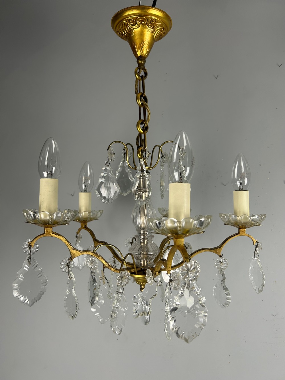 French Gilded Brass 5 Light Antique Crystal Chandelier