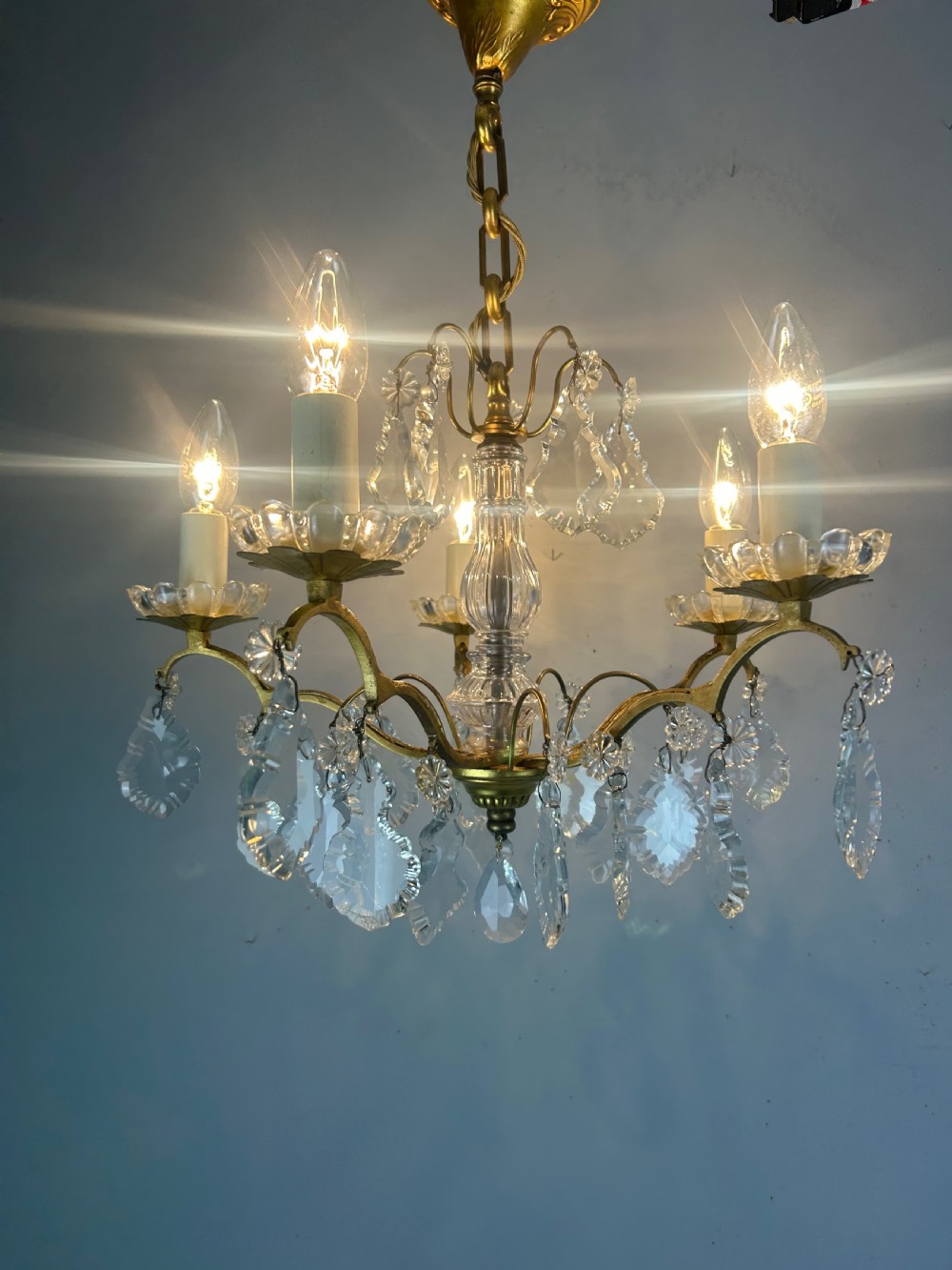 French Gilded Brass 5 Light Antique Crystal Chandelier View II
