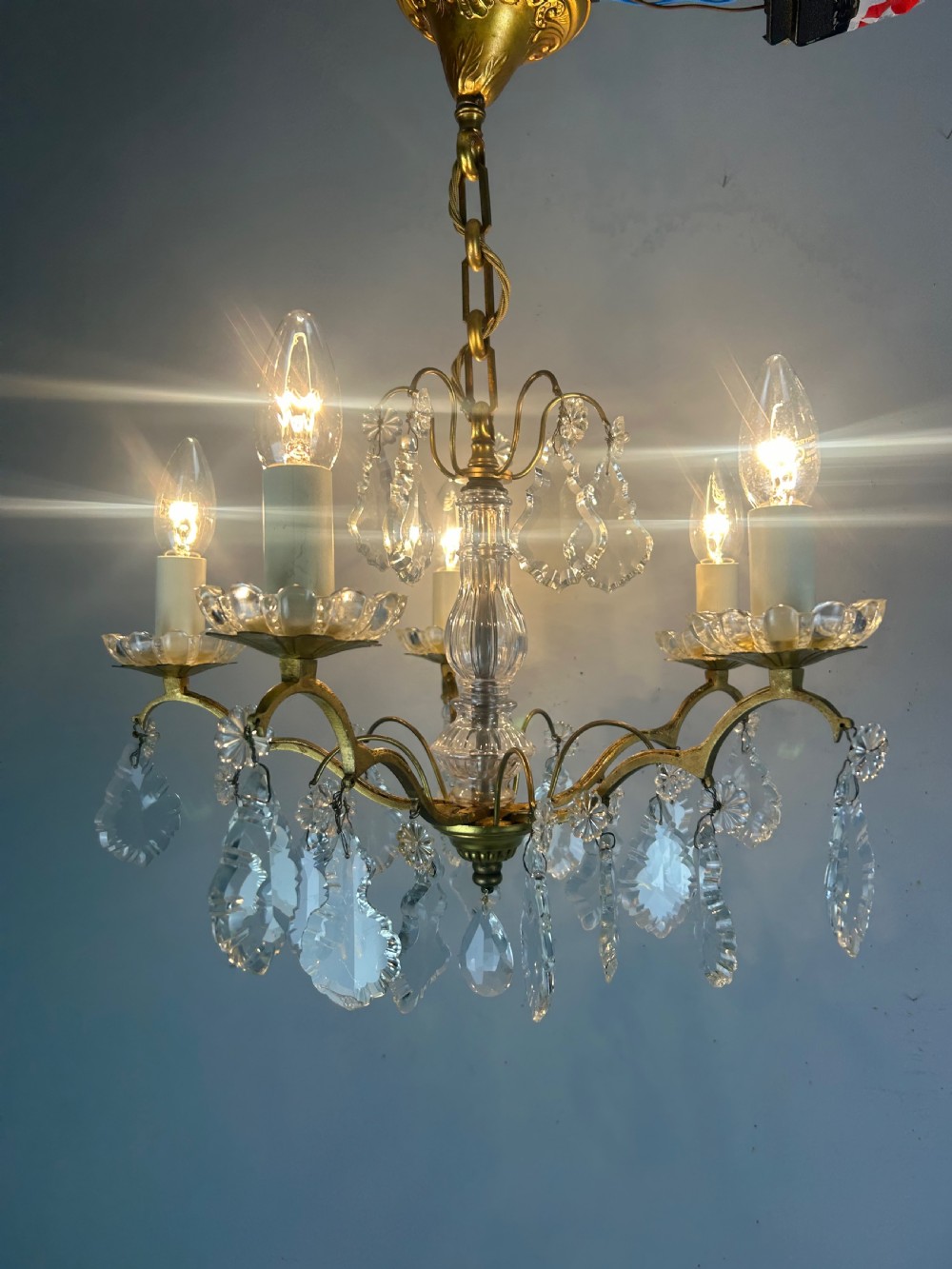 French Gilded Brass 5 Light Antique Crystal Chandelier View III