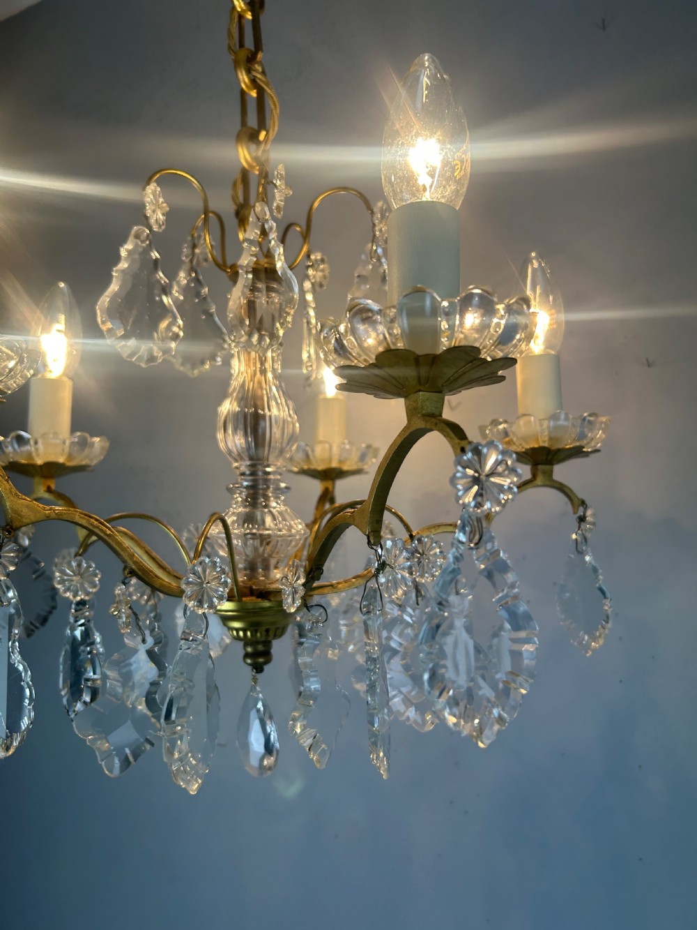 French Gilded Brass 5 Light Antique Crystal Chandelier View IV