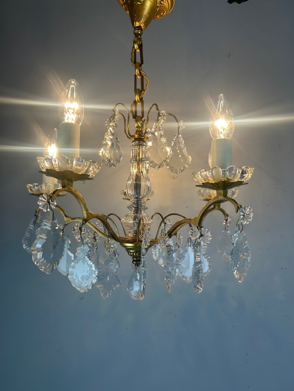 French Gilded Brass 5 Light Antique Crystal Chandelier View V