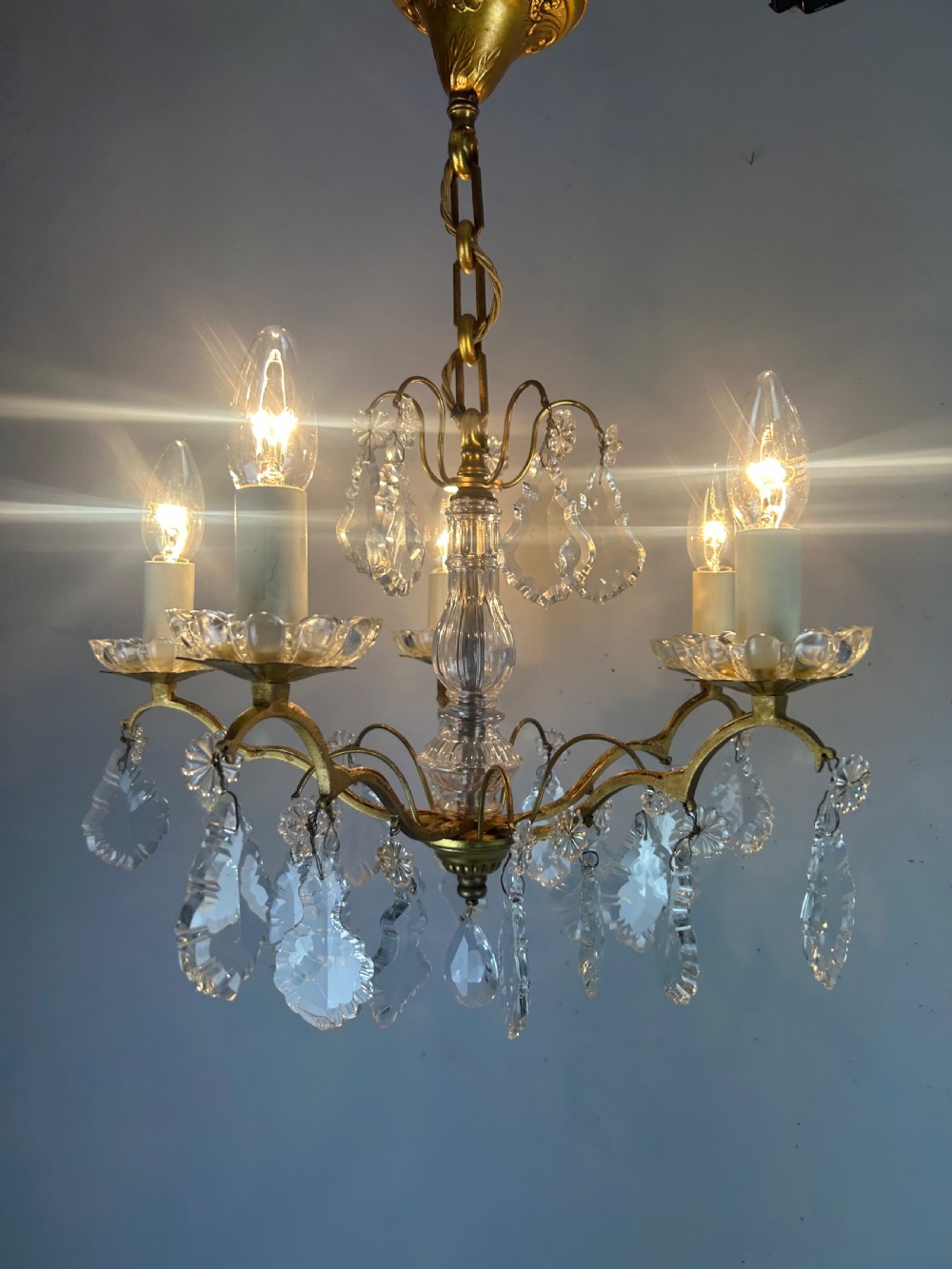 French Gilded Brass 5 Light Antique Crystal Chandelier View VI