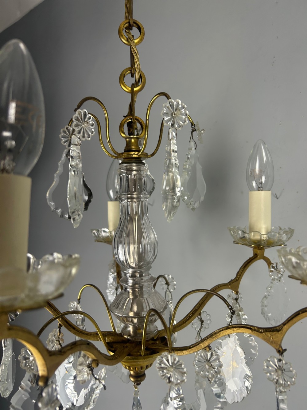 French Gilded Brass 5 Light Antique Crystal Chandelier View VIII