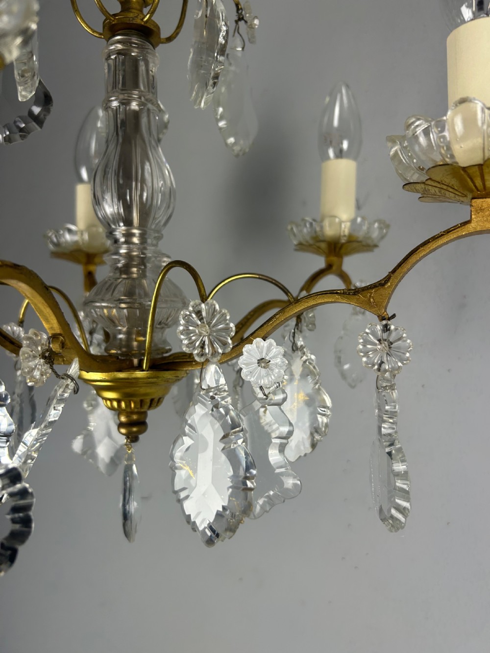 French Gilded Brass 5 Light Antique Crystal Chandelier View IX