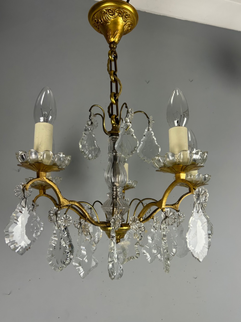 French Gilded Brass 5 Light Antique Crystal Chandelier View X