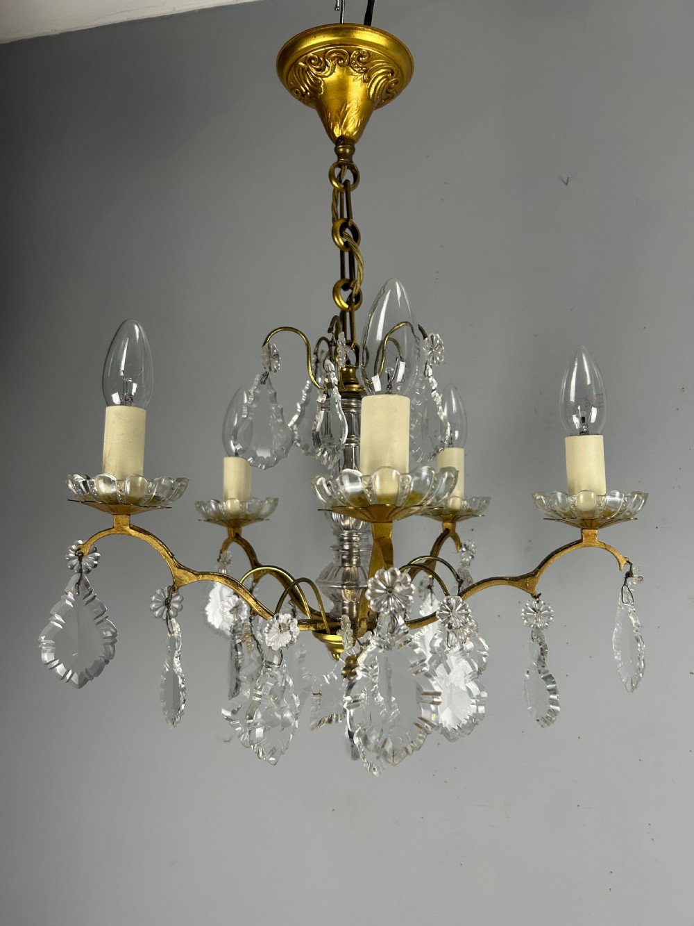 French Gilded Brass 5 Light Antique Crystal Chandelier View XI