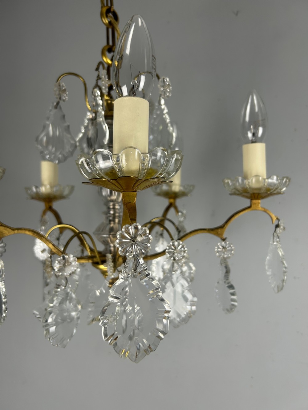 French Gilded Brass 5 Light Antique Crystal Chandelier View XII