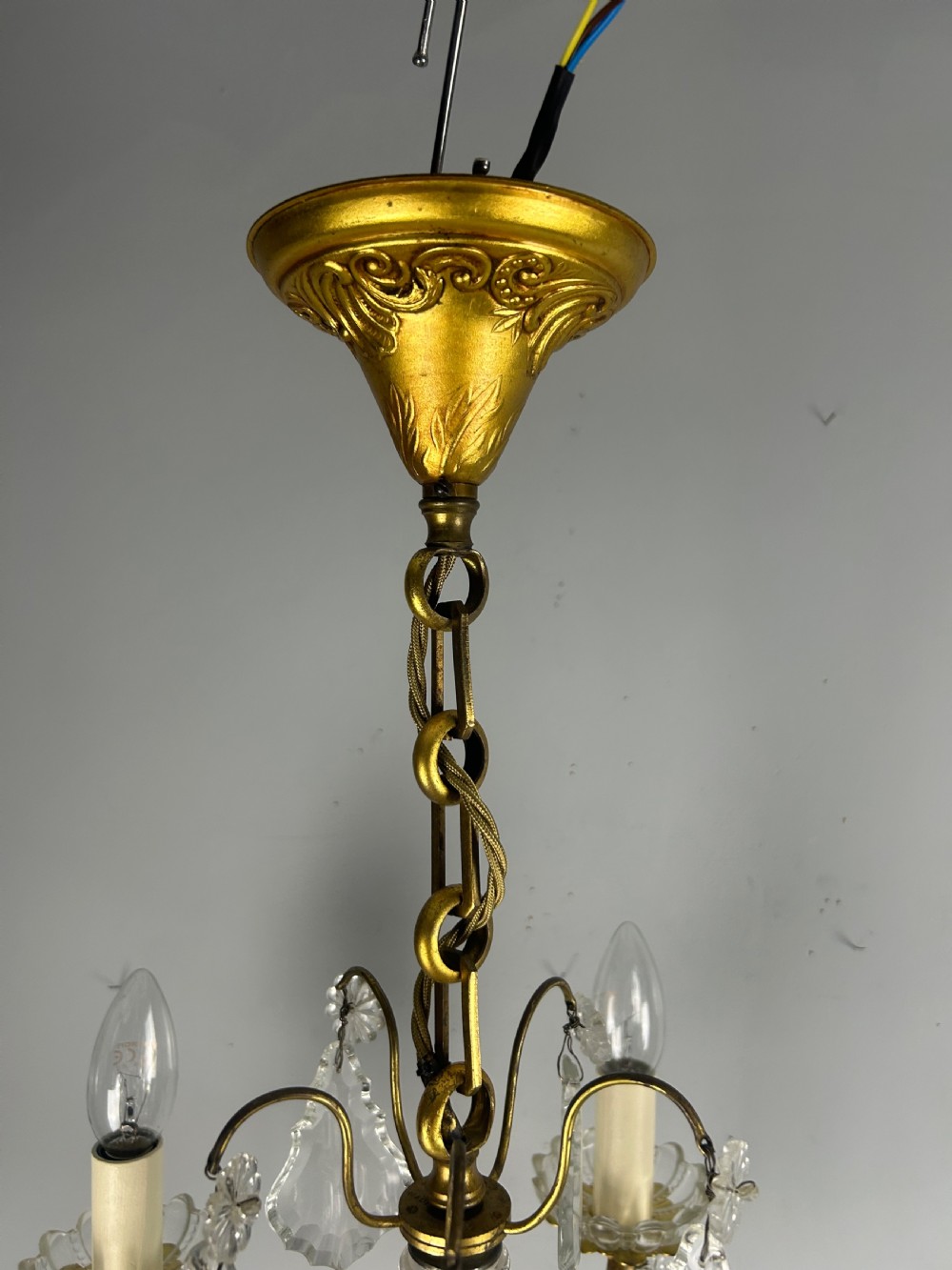 French Gilded Brass 5 Light Antique Crystal Chandelier View XIII