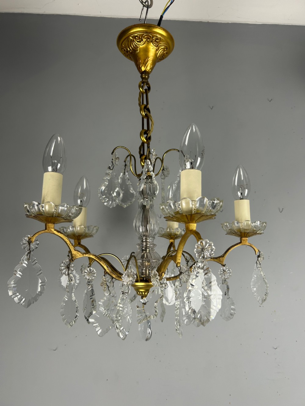 French Gilded Brass 5 Light Antique Crystal Chandelier View XIV