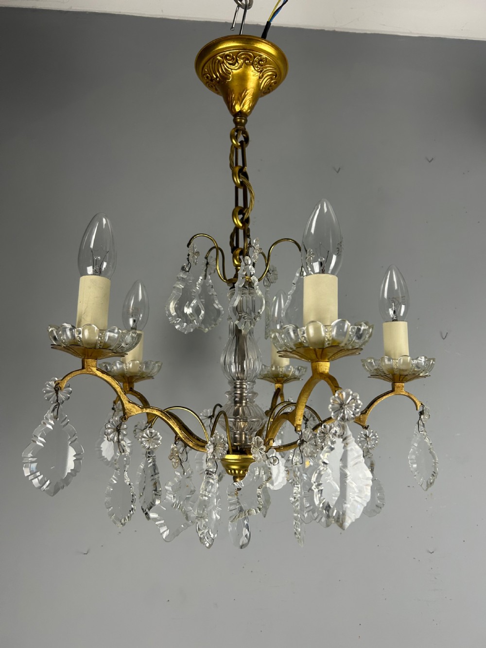 French Gilded Brass 5 Light Antique Crystal Chandelier View XV