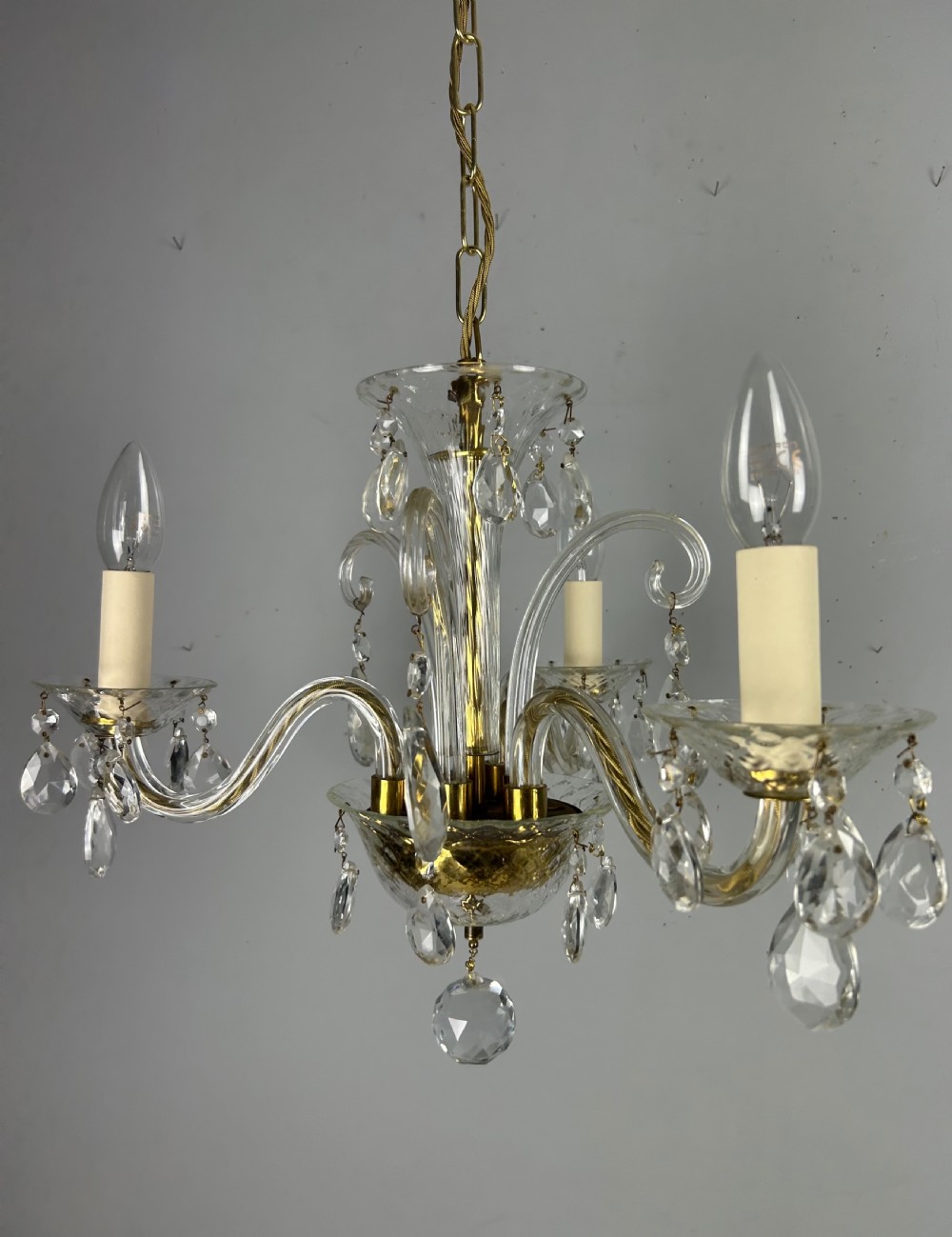 Glass 3 Arm Antique Chandelier, Ceiling Light, Rewired 