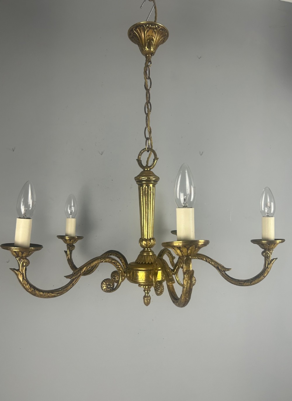 Large French Gilded Brass 5 Arm Antique Chandelier, Rewired 