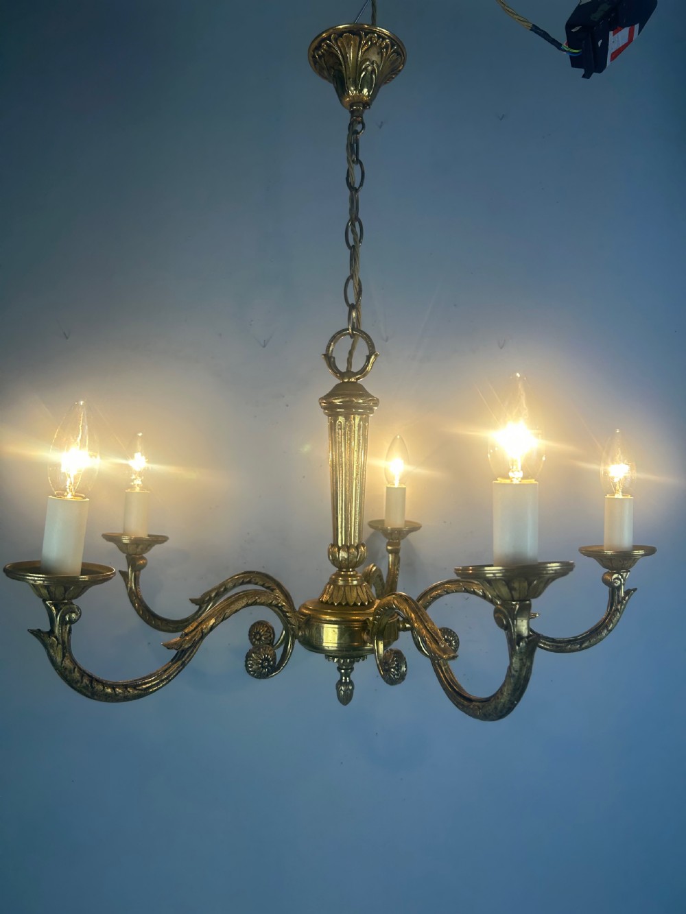 Large French Gilded Brass 5 Arm Antique Chandelier, Rewired  View II
