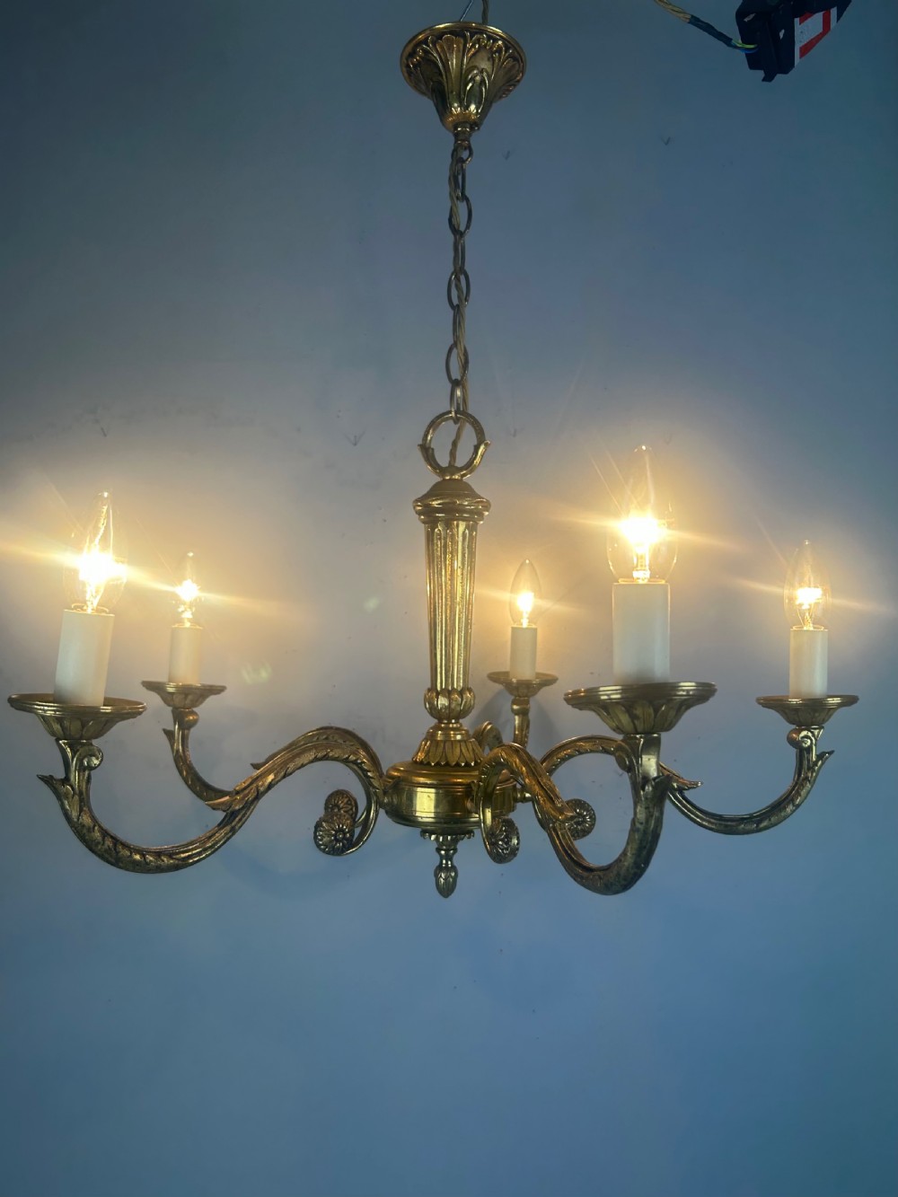 Large French Gilded Brass 5 Arm Antique Chandelier, Rewired  View III