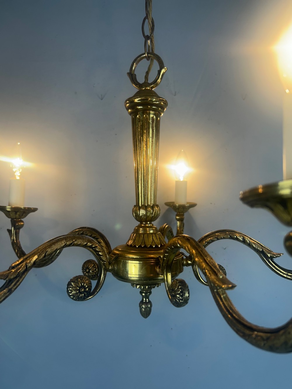 Large French Gilded Brass 5 Arm Antique Chandelier, Rewired  View IV