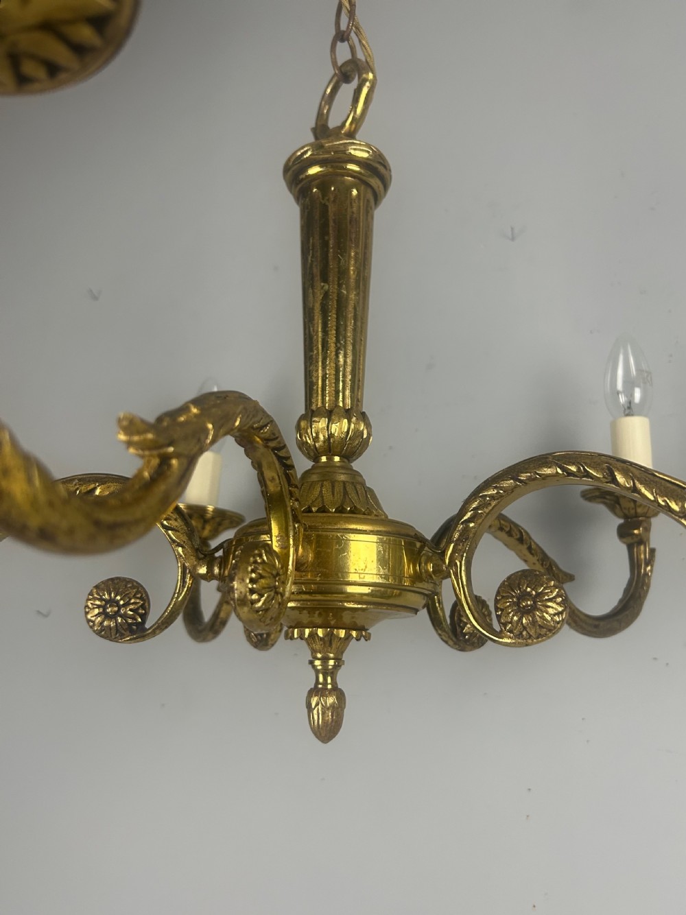 Large French Gilded Brass 5 Arm Antique Chandelier, Rewired  View V
