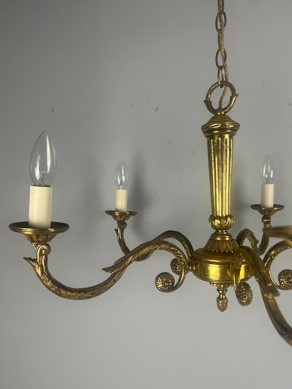 Large French Gilded Brass 5 Arm Antique Chandelier, Rewired  View VI