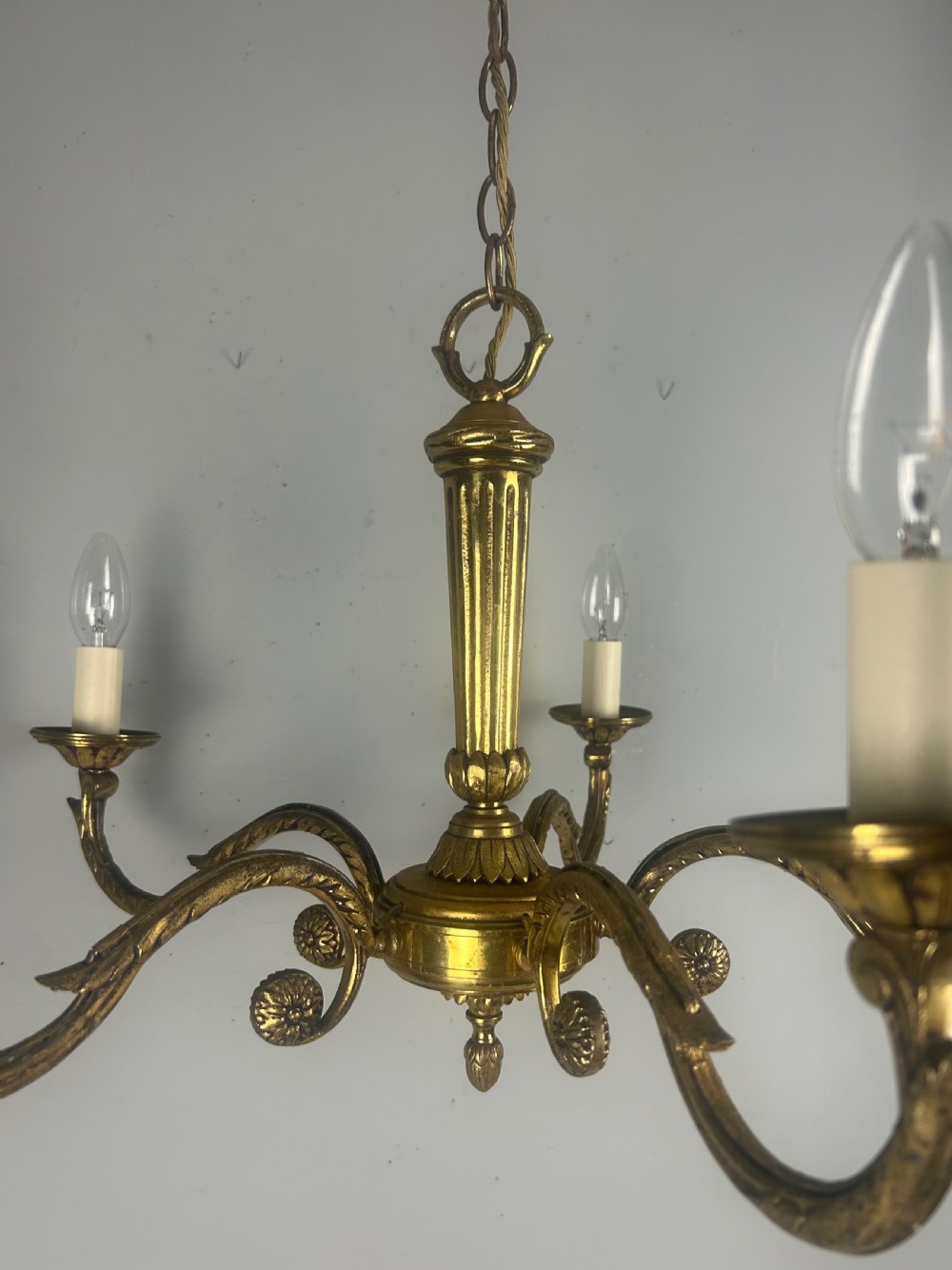 Large French Gilded Brass 5 Arm Antique Chandelier, Rewired  View VII