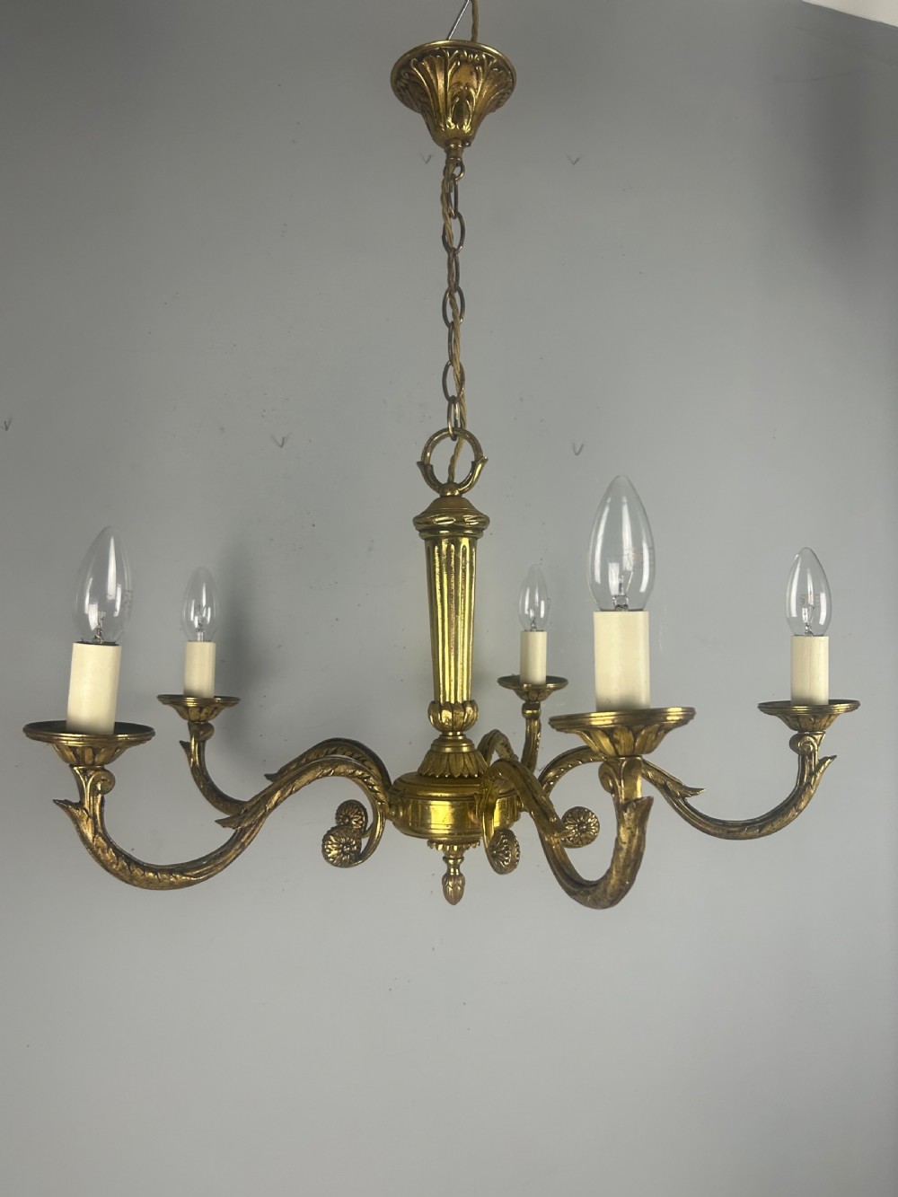 Large French Gilded Brass 5 Arm Antique Chandelier, Rewired  View IX