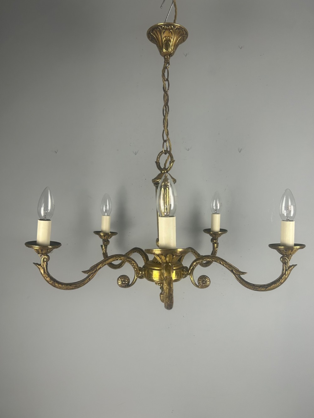 Large French Gilded Brass 5 Arm Antique Chandelier, Rewired  View X