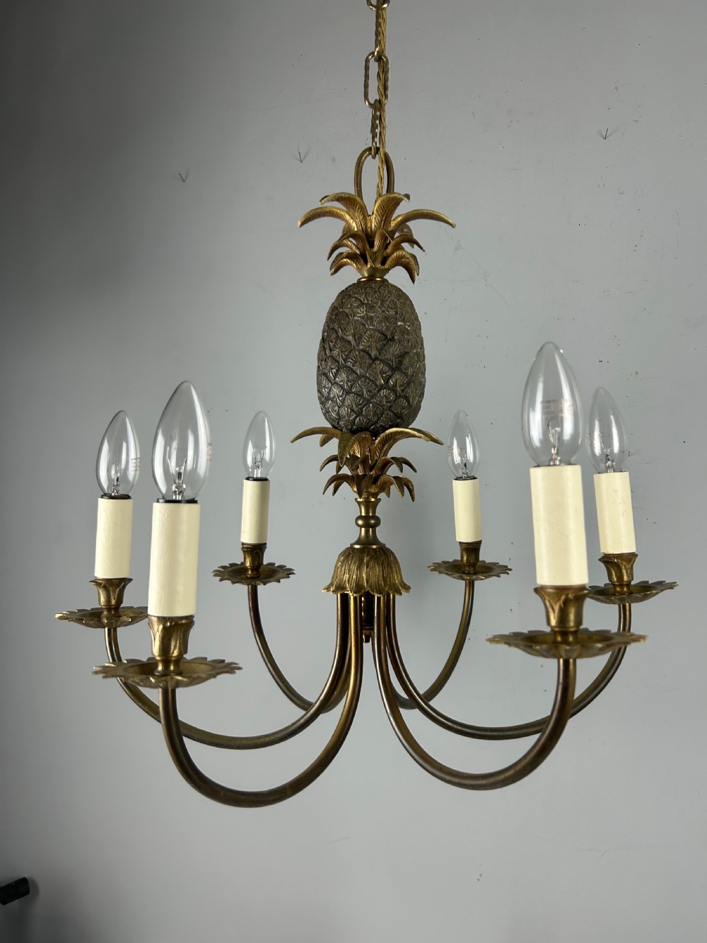 French Gilt Brass Pineapple 6 Light Hollywood Chandelier 