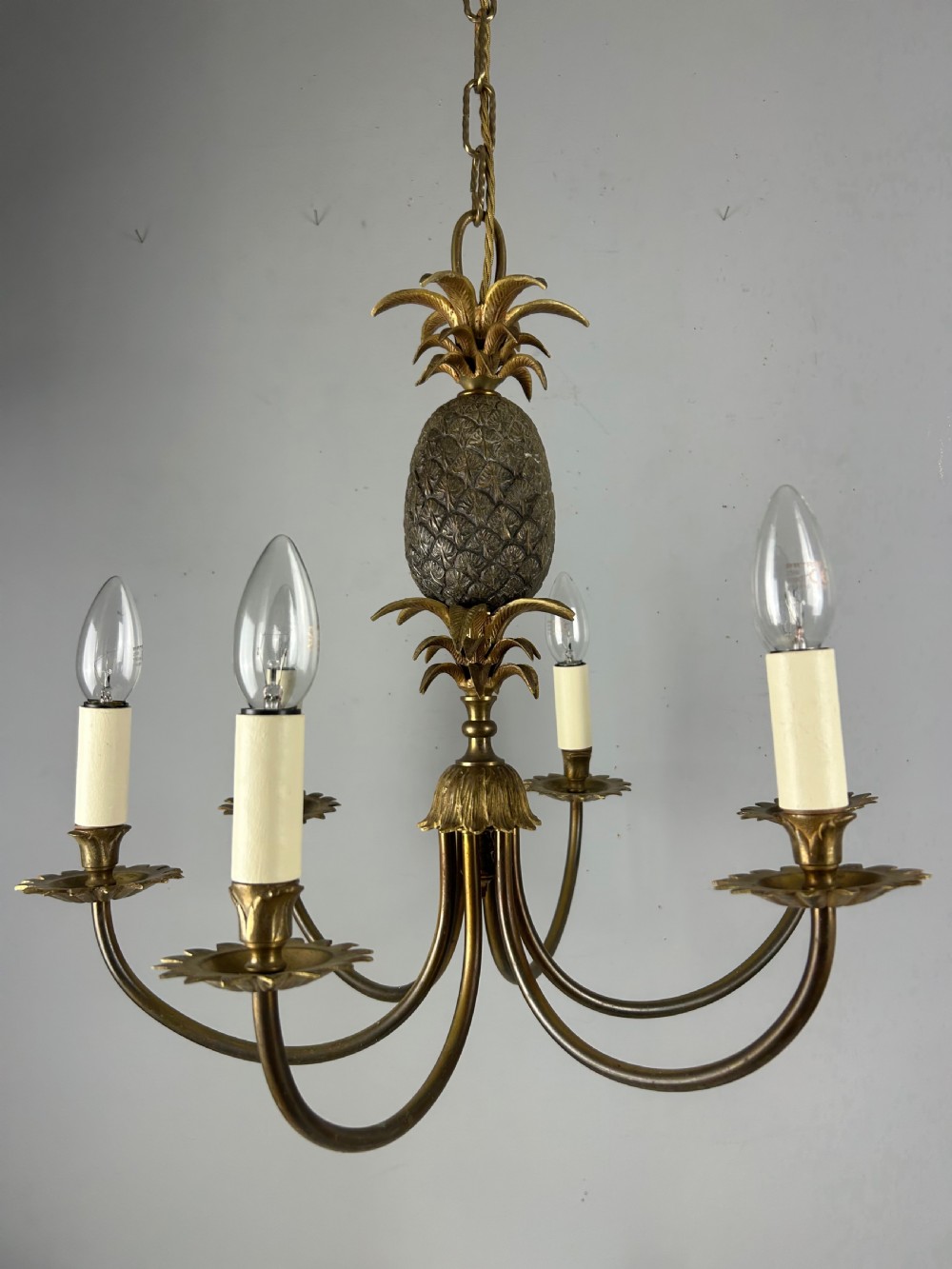 French Gilt Brass Pineapple 6 Light Hollywood Chandelier  View II