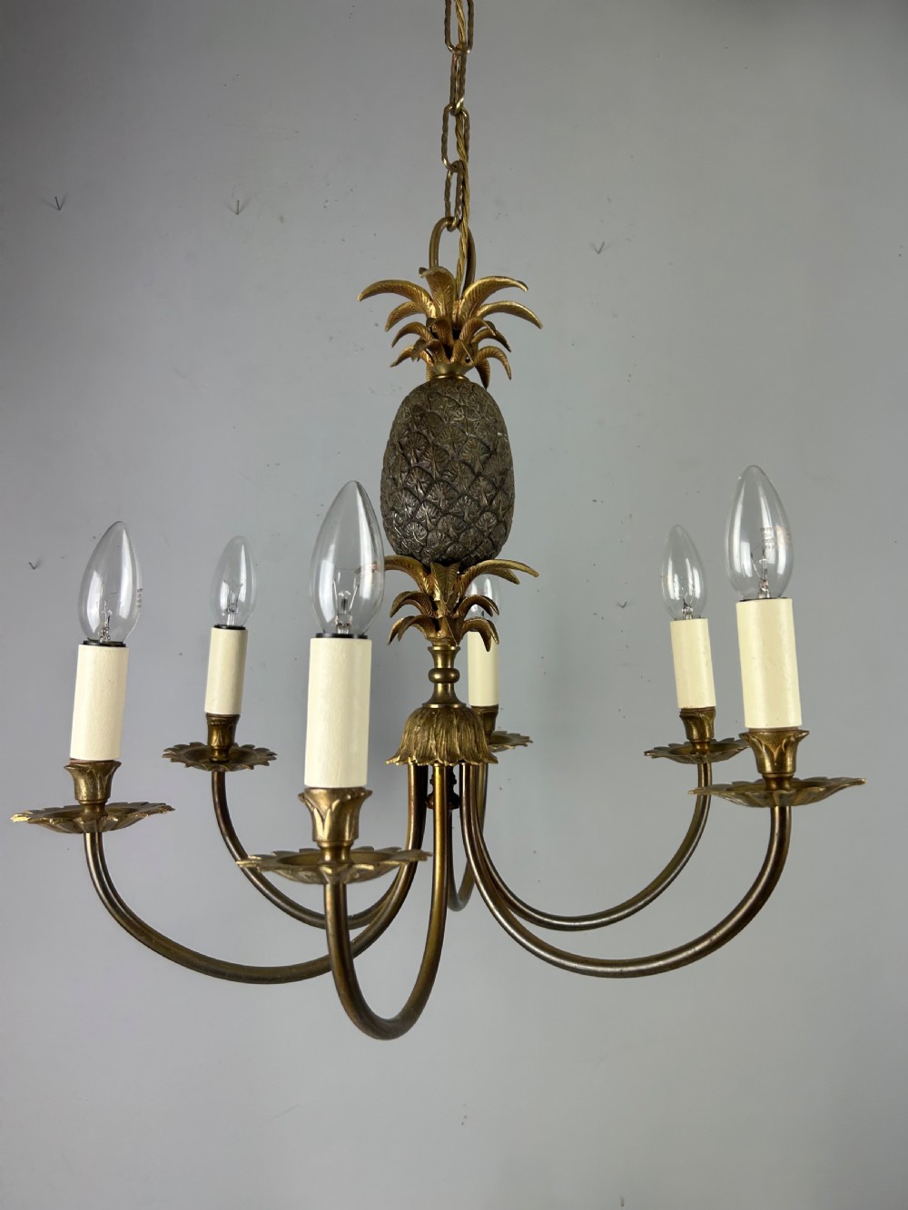 French Gilt Brass Pineapple 6 Light Hollywood Chandelier  View IX