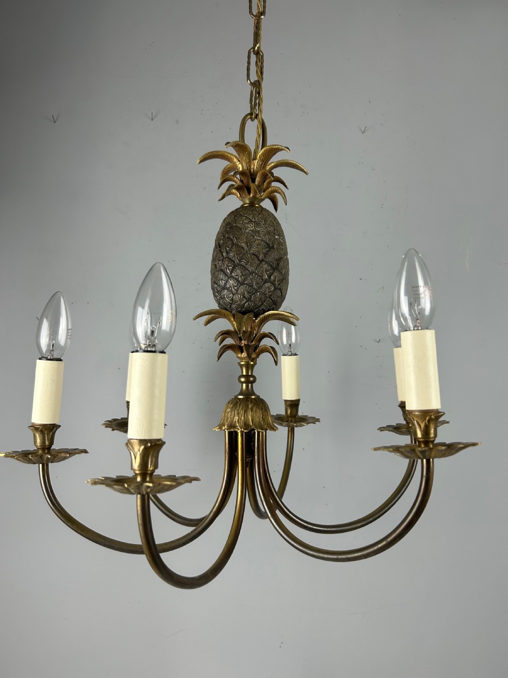 French Gilt Brass Pineapple 6 Light Hollywood Chandelier  View X