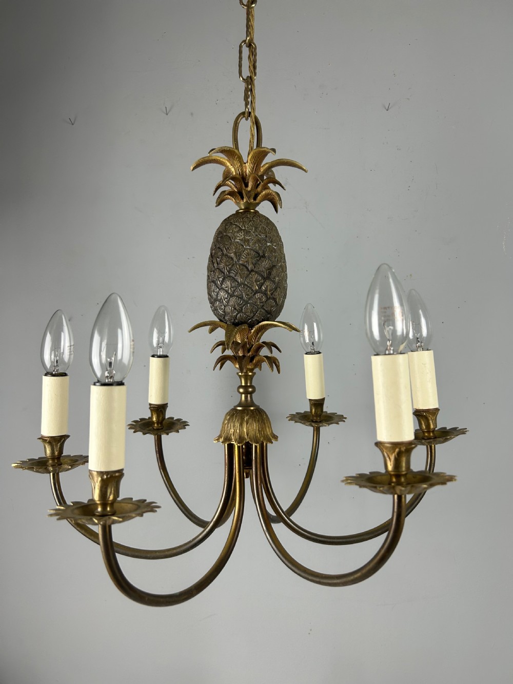 French Gilt Brass Pineapple 6 Light Hollywood Chandelier  View XI