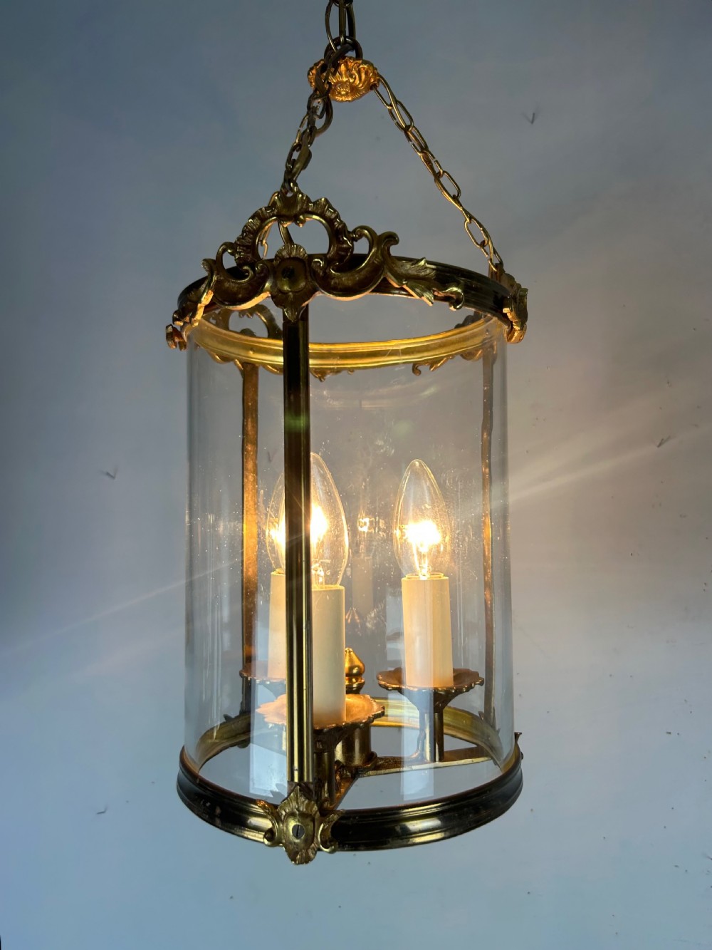French Triple Light Brass Lantern, Rewired View II