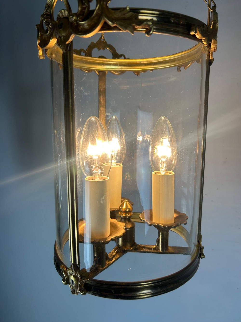French Triple Light Brass Lantern, Rewired View IV