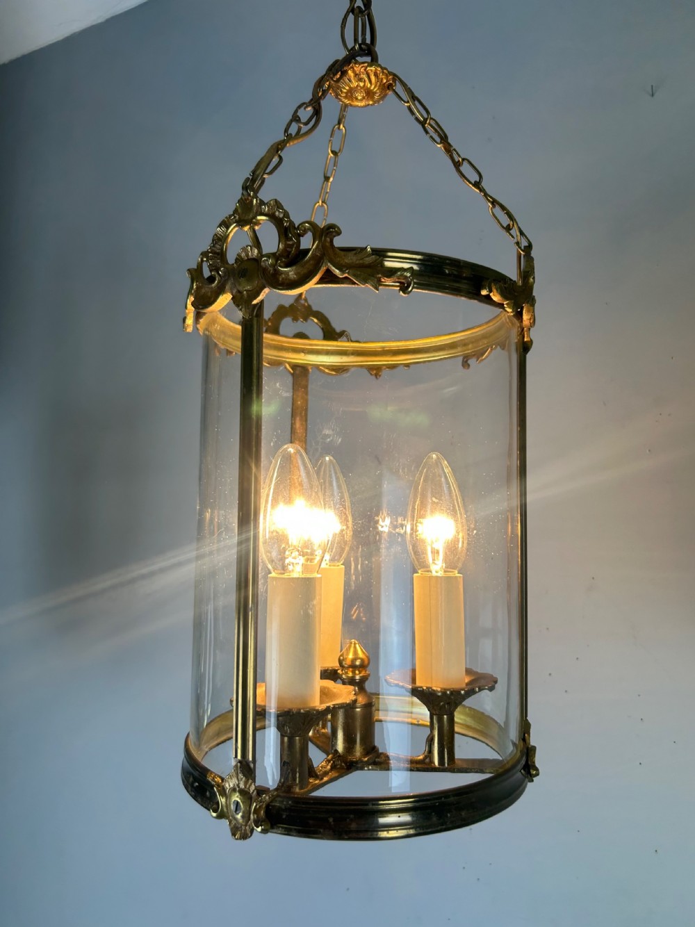 French Triple Light Brass Lantern, Rewired View V