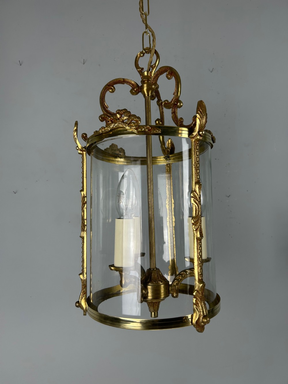 French Gilded Brass Triple Light Antique Lantern