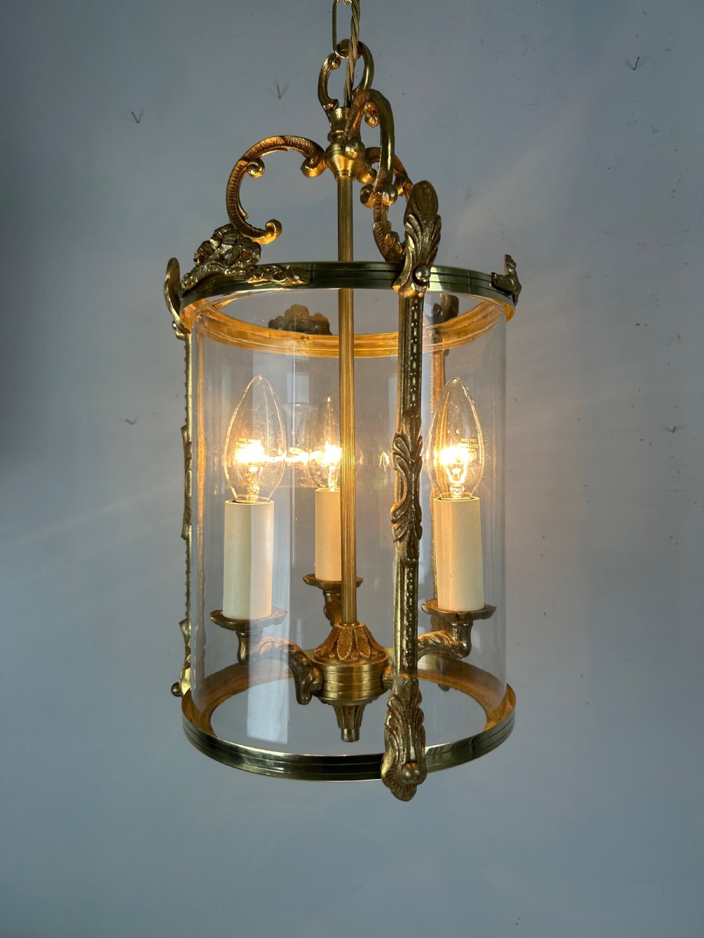 French Gilded Brass Triple Light Antique Lantern View V