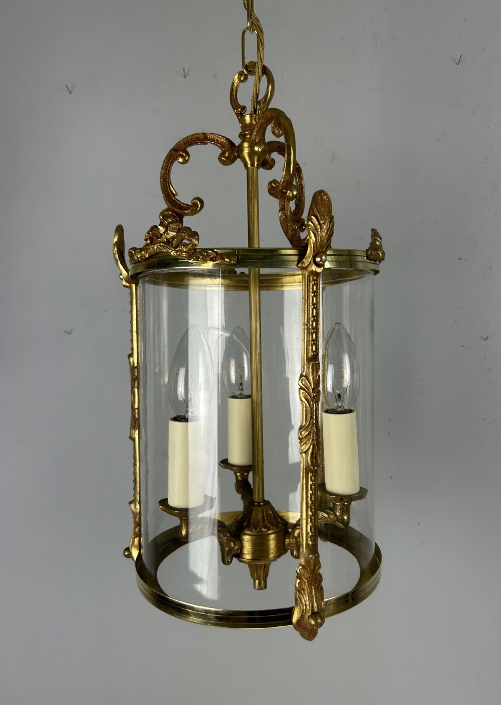 French Gilded Brass Triple Light Antique Lantern View VI