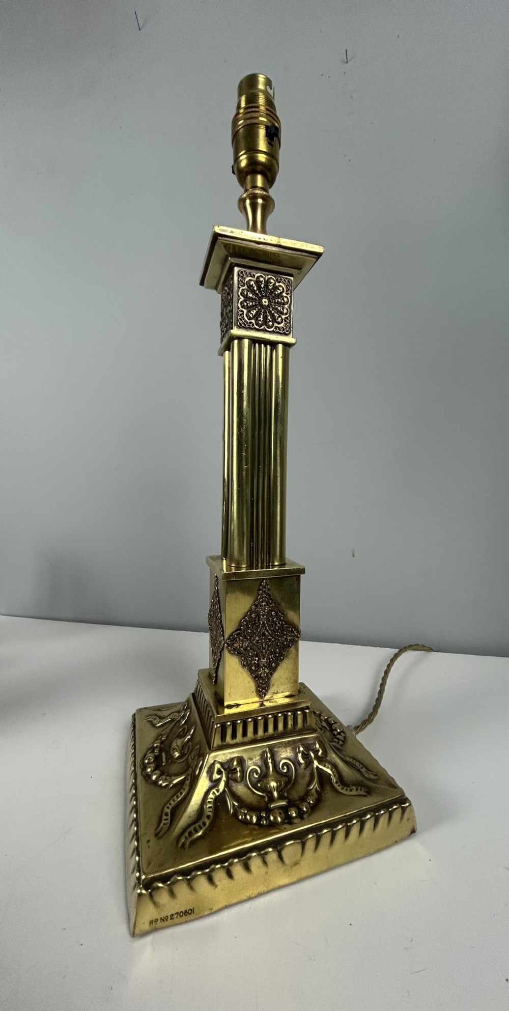 Victorian Decorated Brass Table Lamp with Registration Mark, Rewired