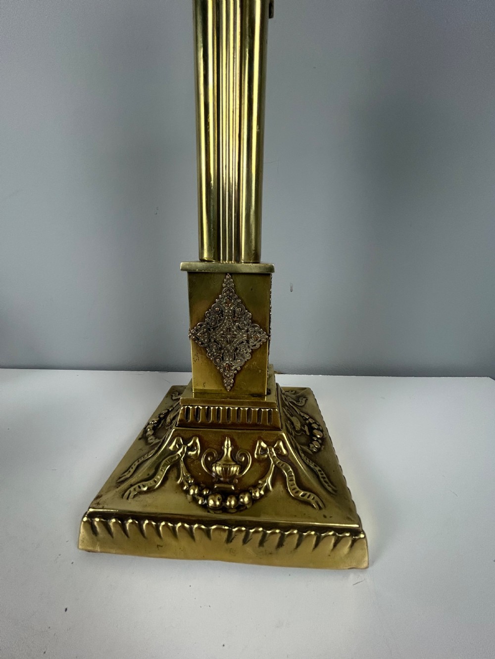 Victorian Decorated Brass Table Lamp with Registration Mark, Rewired View VI