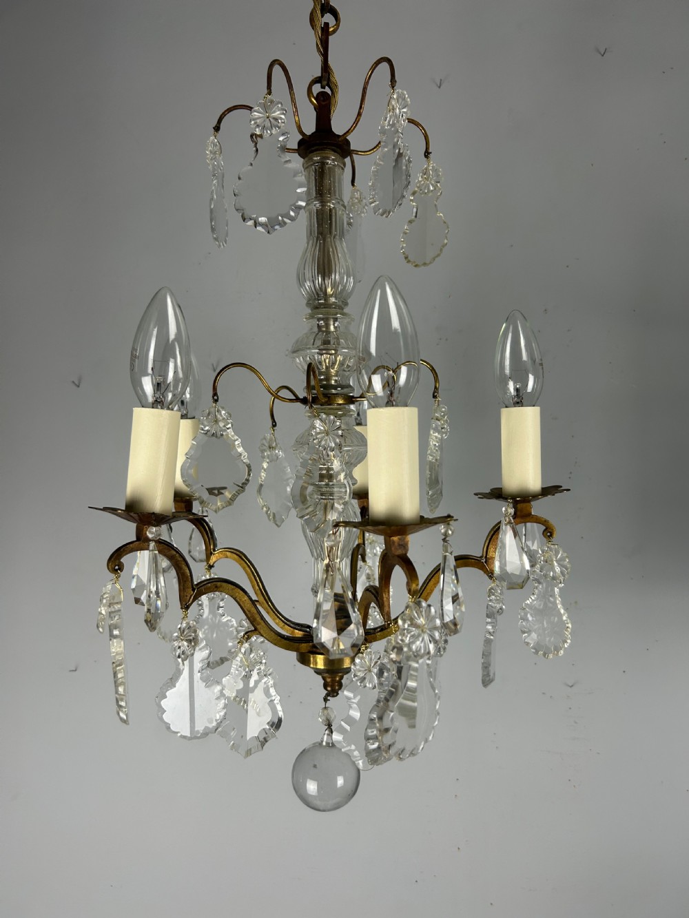 French Gilded Brass 5 Light Antique Crystal Chandelier