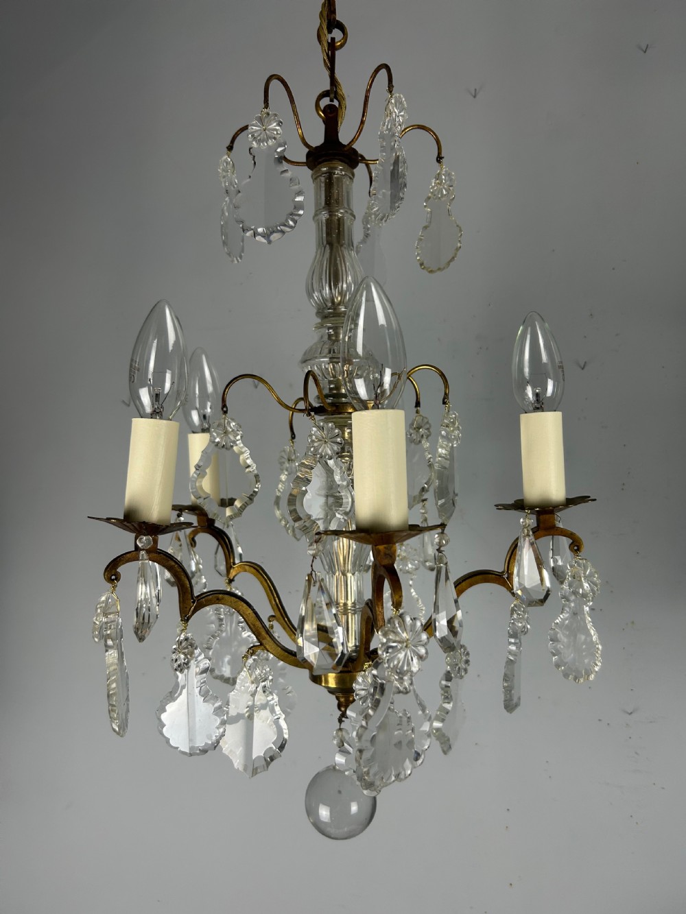 French Gilded Brass 5 Light Antique Crystal Chandelier View VIII