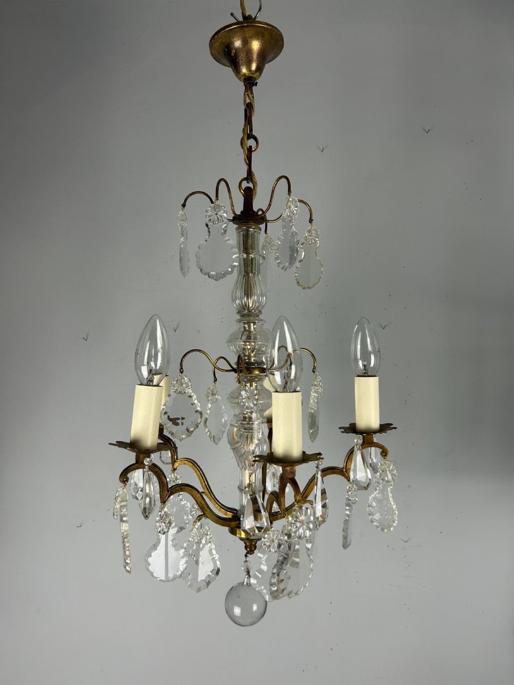 French Gilded Brass 5 Light Antique Crystal Chandelier View X