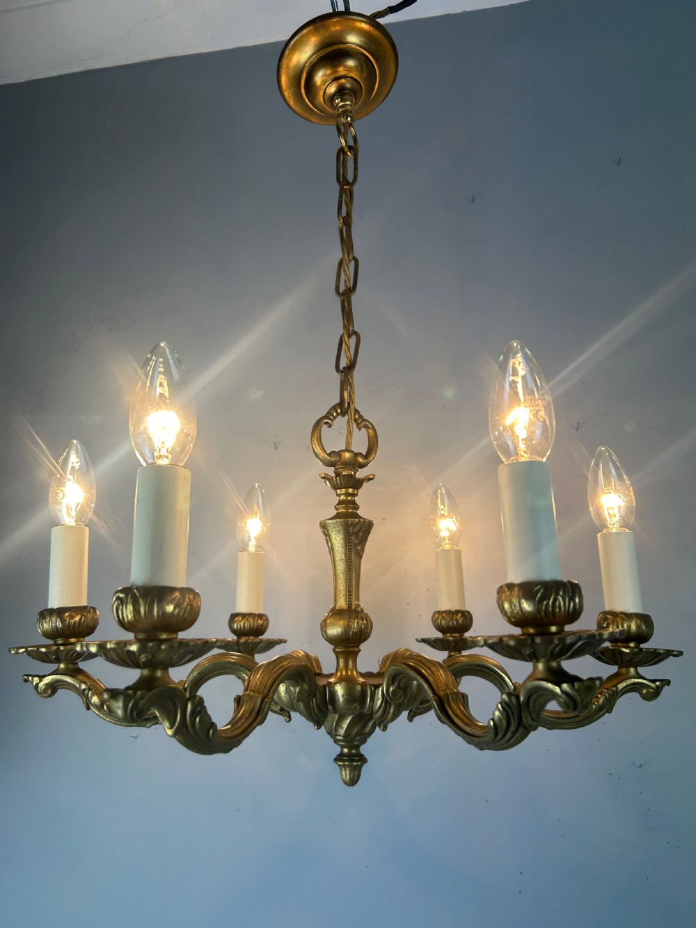 French Gilded Bronze 6 Light Antique Chandelier View II