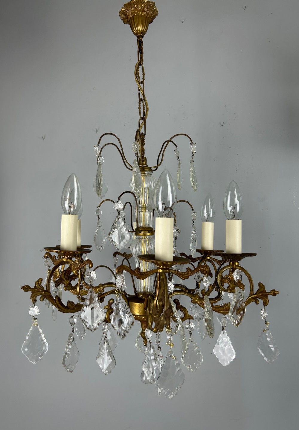 French Gilded Brass 6 Light Antique Crystal Chandelier