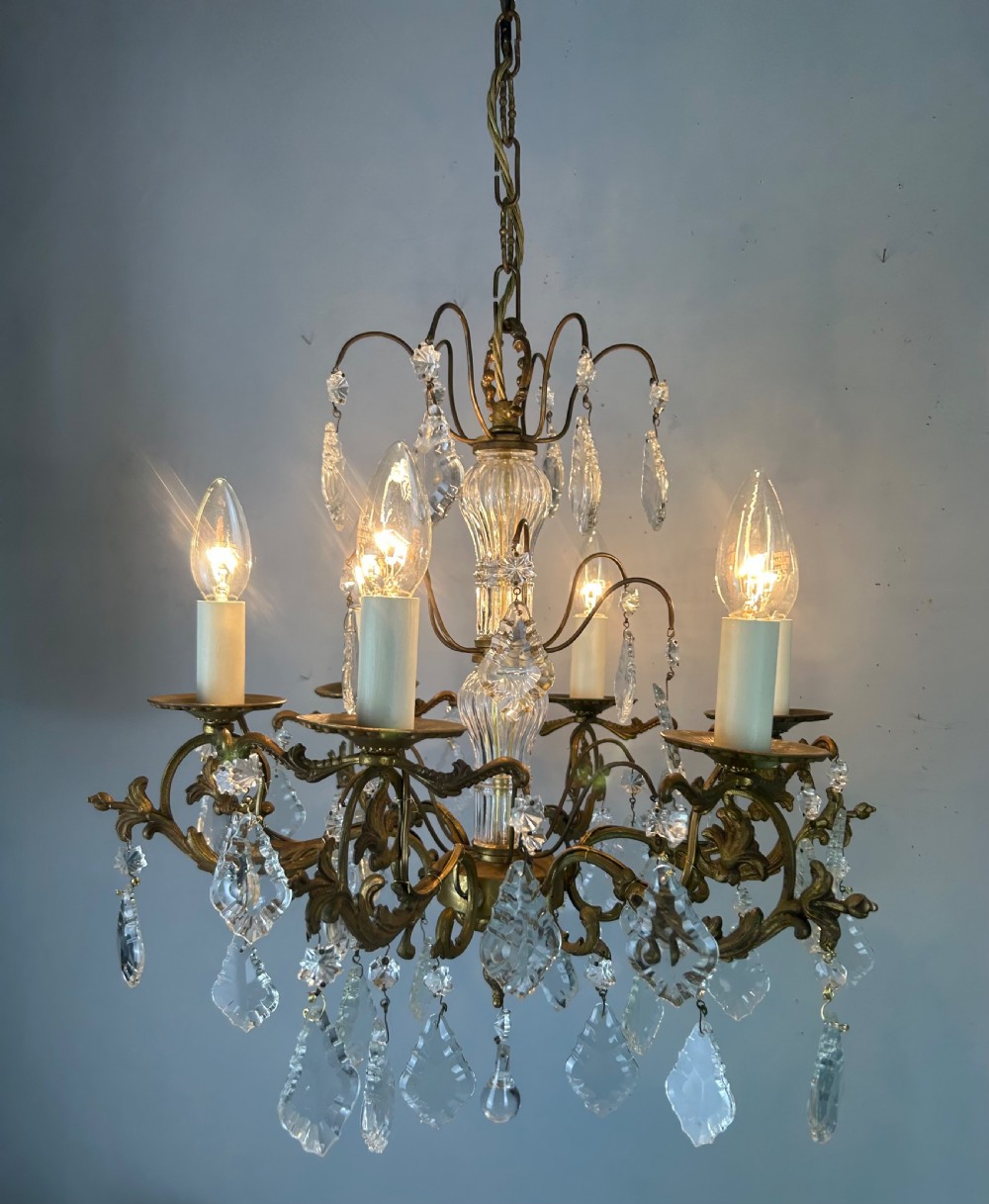 French Gilded Brass 6 Light Antique Crystal Chandelier View II