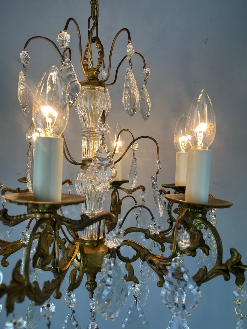 French Gilded Brass 6 Light Antique Crystal Chandelier View III